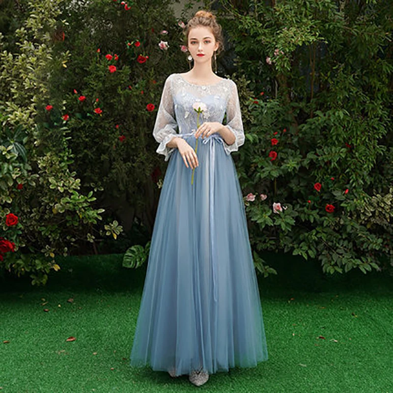 

Summer New Blue Bridesmaid Dresses Women Patchwork Lace O-Neck Bow Slim Ball Gowns Elegant Graduation Party Tulle Evening Dress