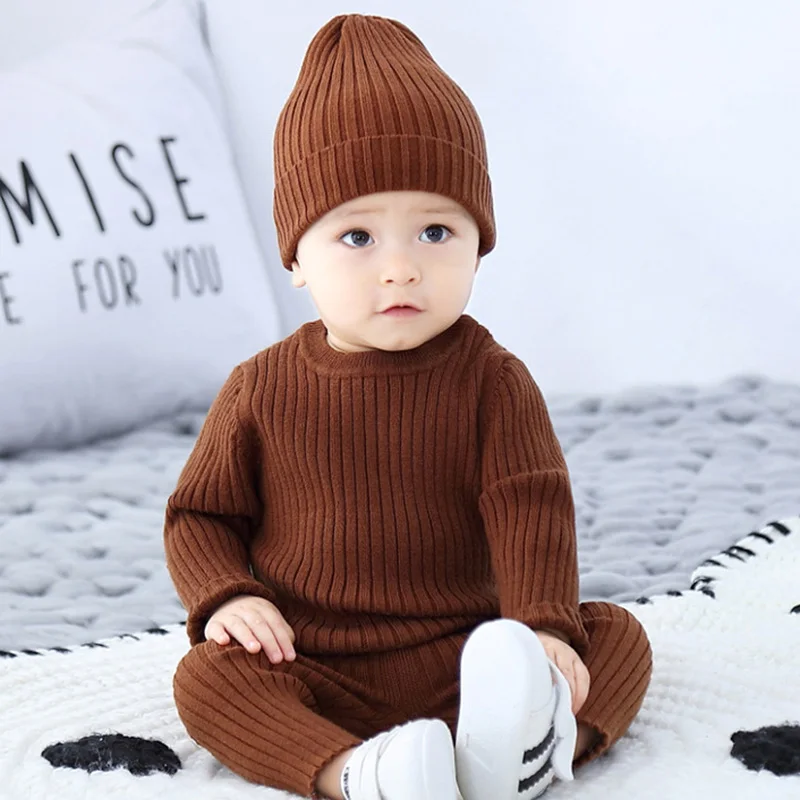 Newborn Baby Girls Boys Clothing Set Long Sleeved Solid Color Knitted Pullover+Pants+Hat Autumn Baby Girls Knitted Clothes Suit