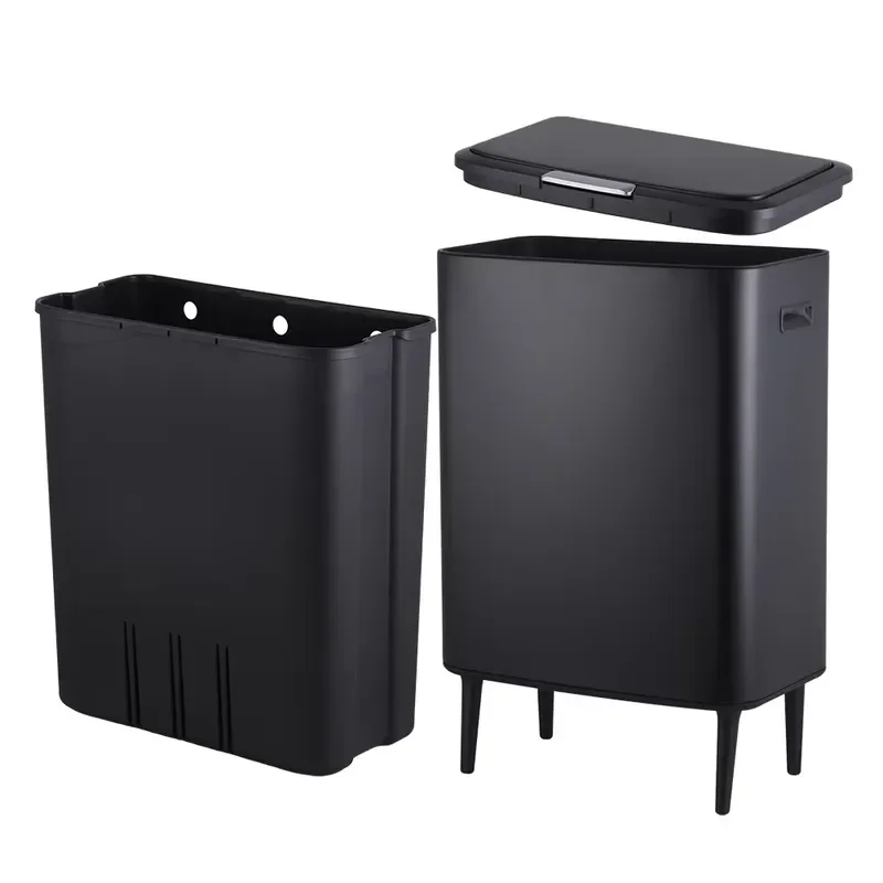 60L Large Black Trash Can With Open Lid Hand Operated Spray Paint Finish High Foot Design Recycling Bin For Home Kitchen