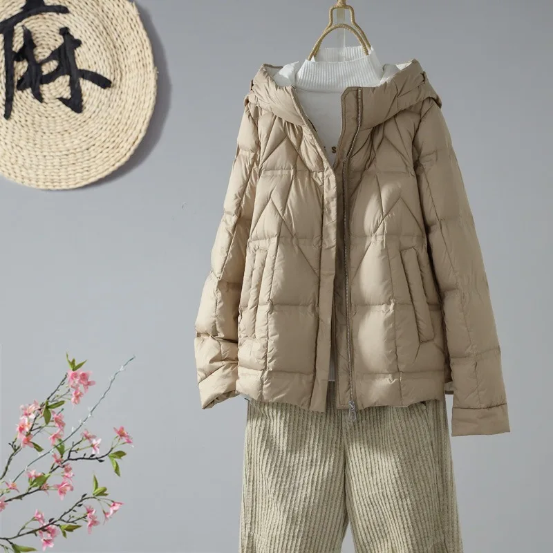 Women's Autumn Winter New Loose White Duck Down Coat Warm Hooded Down Jacket Casual Fashion Long Sleeves Short Jacket