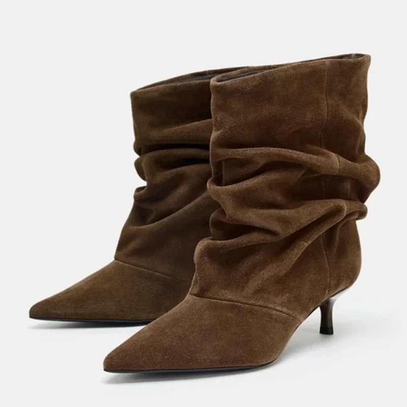 Image of Retro Damen-Stiefeletten mit spitzer Spitze, modische Wildleder-Slouch-Stiefel für Damen, exquisite Stiefeletten im französischen Stil, Designer-Schuhe, Botas Mujer