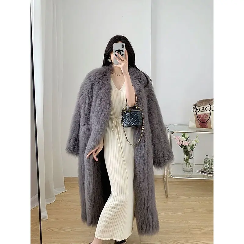 Women\'s Beige Long Outerwear, Warm Fur Coat, Thick Clothing, New Lady Top, Winter, 2024