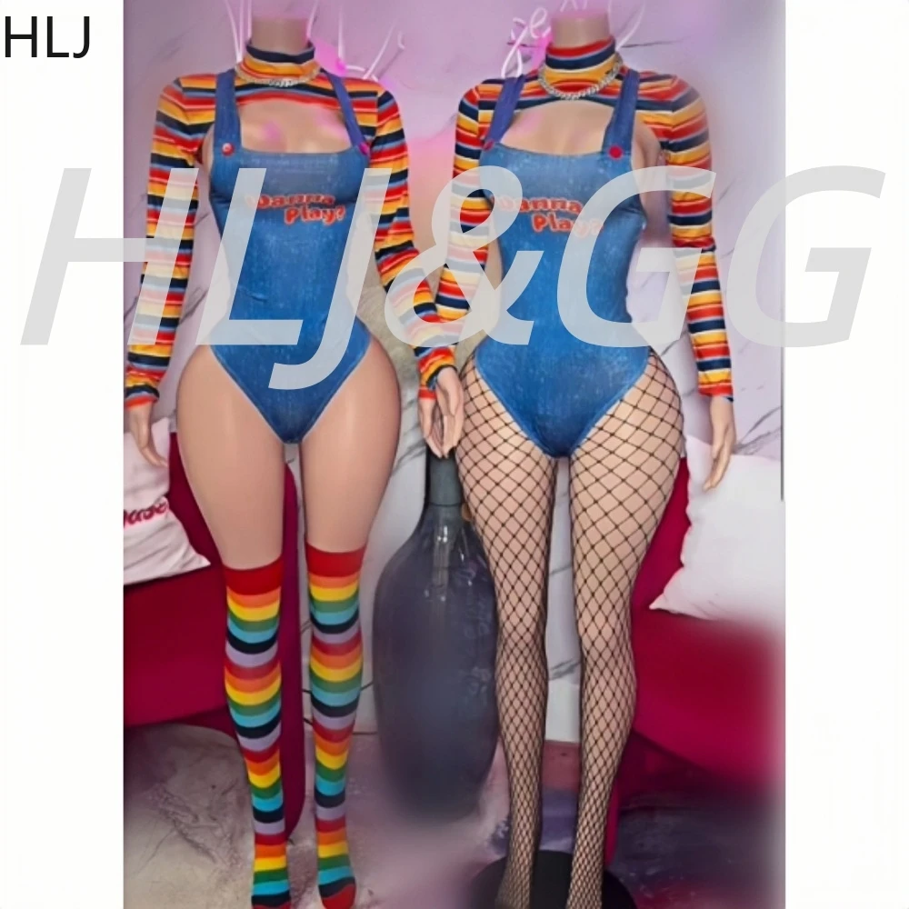 

HLJ сексуальные красочные полосатые облегающие боди с принтом женские тонкие комбинезоны с длинными рукавами модная клубная одежда на Хэллоуин с носками