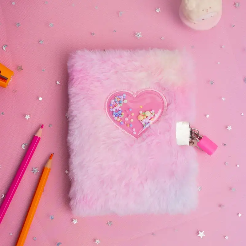 A6 Fluffy Journal with Lock Soft Fuzzy Diary Decorative Girls Heart Pattern Secret Notebook for School Office Supplies