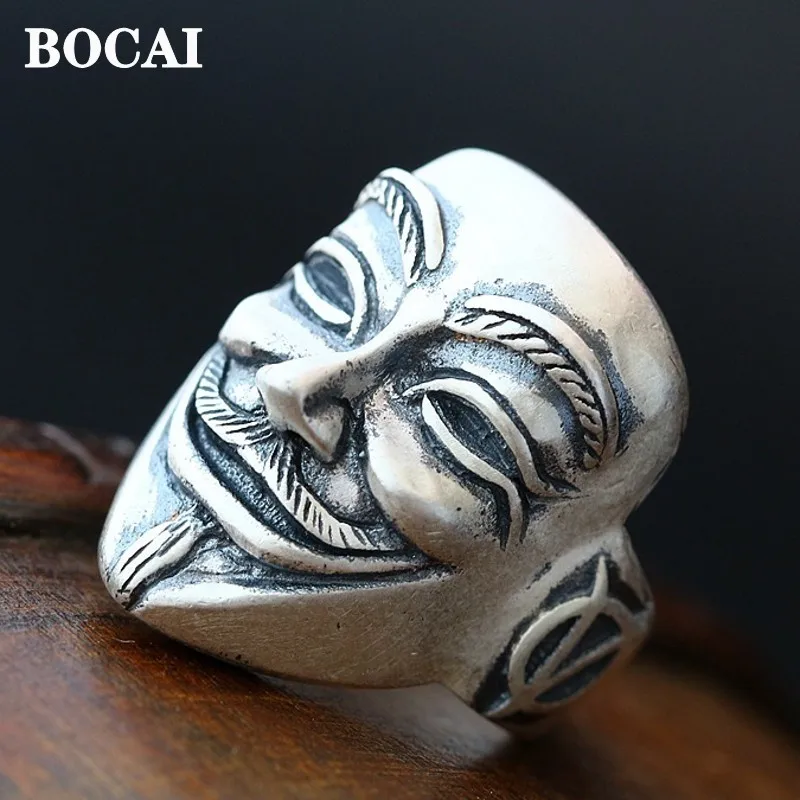 BOCAI New Antique S925 Silver Jewelry Accessories Trendy Punk Style Hip-Hop V-face Ghost Killer Team Mask Ring