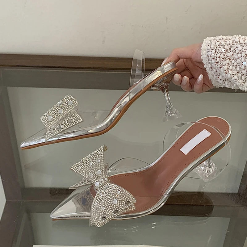 

Liyke Fashion Sequined Crystal Bowknot Women Pumps Elegant Pointed Toe Clear High Heels Wedding Prom Shoes Transparent Sandals