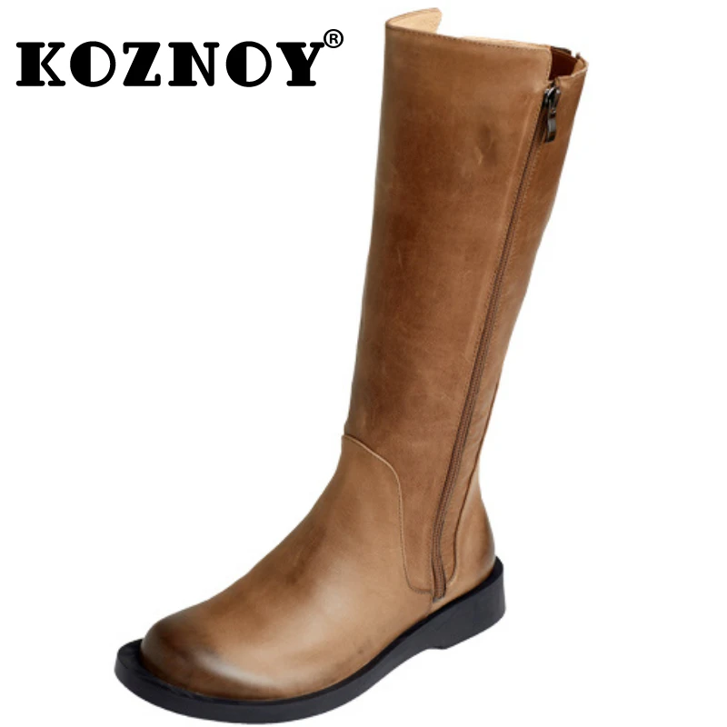 

Koznoy 3cm British Natural Genuine Leather Zip Spring Flats Boots Ladies Fashion Knee High Booties Women Chimney Autumn Shoes