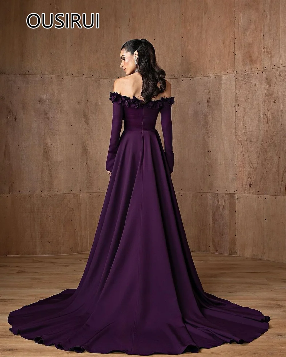 Glamorous Boat Collar Satin Pleated Flowers Evening Dress Sheath Open Back Long Sleeve Evening Gown with Sweep Trian Custom Made