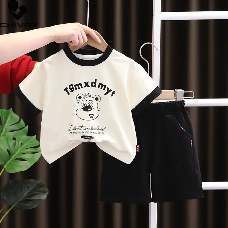 

Boys Summer Clothing New 2023 Baby Boy Short Sleeve Round Neck Cartoon Bear Letter T-shirt Tops with Shorts Kids Clothes Sets