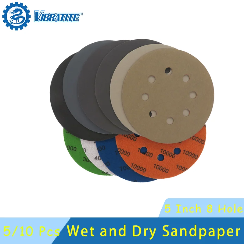 5 Inch 8 Holes Wet and Dry Sandpaper 5/10 Pcs Assorted 60-10000Grits Hook and Loop Silicon Carbide Orbital for Polishing Car