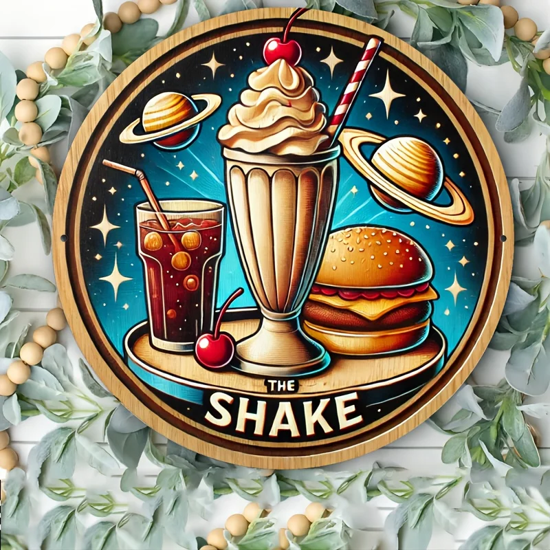 Letrero Metálico 2D The Shake, Estilo Vintage Retro, con Diseño de Hamburguesa, Batido, Refresco, Galaxia, Espacio y Comida, Decoración de Pared para Hogar, Cafetería, Bar, Restaurante, Regalo