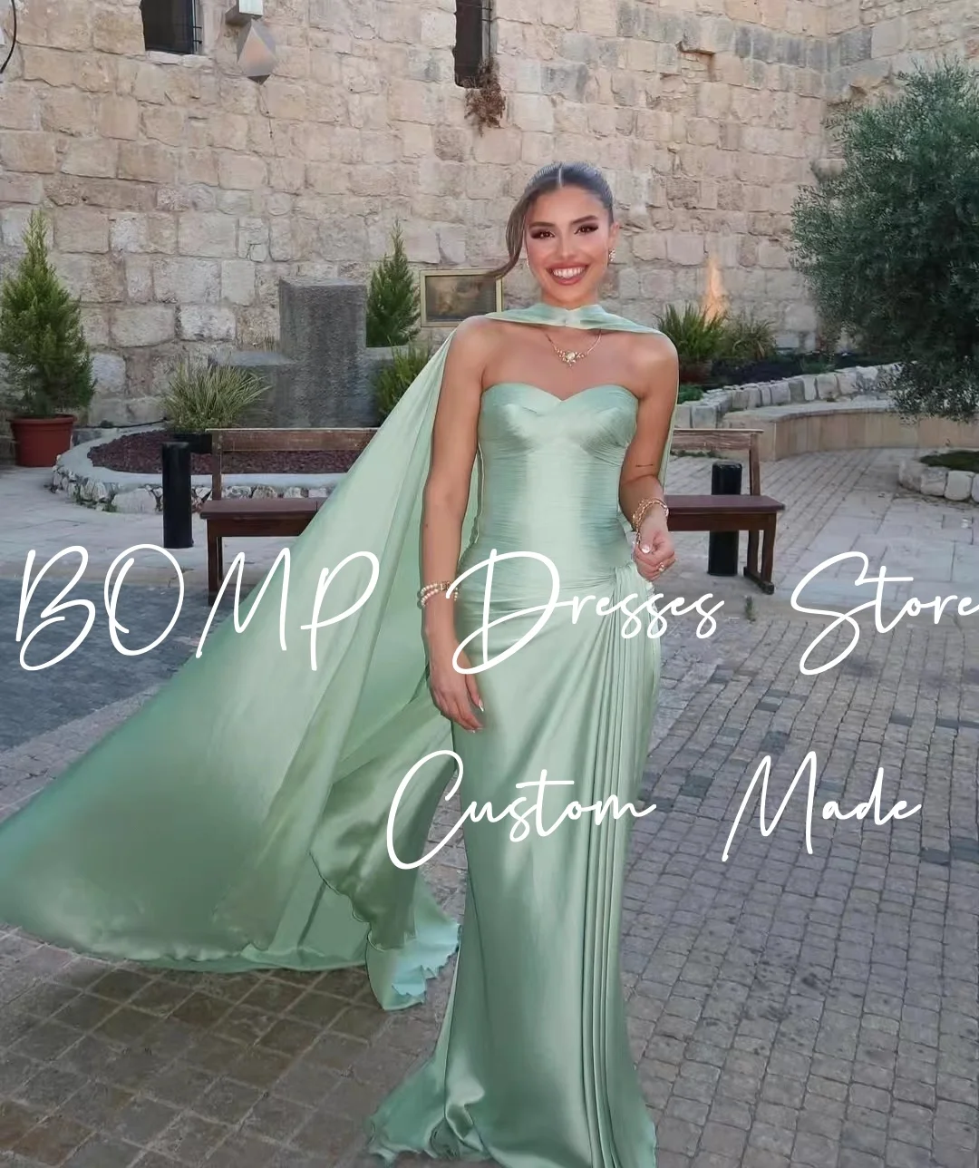 BOMP Abito da sera elegante senza spalline drappeggiato a sirena lunghezza pavimento sciarpa in raso occasione formale abito da festa di nozze personalizzato