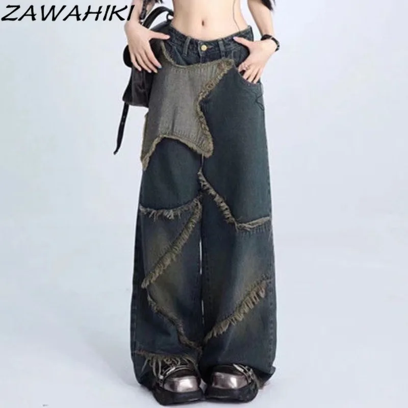 

Vintage Wide Leg Women's Pants Star Fringed Patchwork Jeans Woman Y2k Loose Mujer Pantalones Fashion Office Lady Pantalon Femme