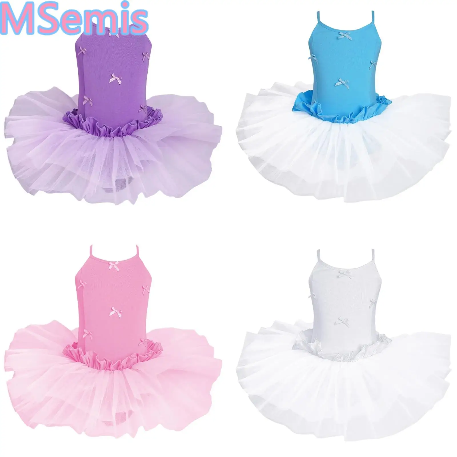 

Pretty Girls Ballet Dance Dress Cute Stage Performance Bowknot Costume Spaghetti Straps Ruffles Gymnastics Ballerina Tutu Dress