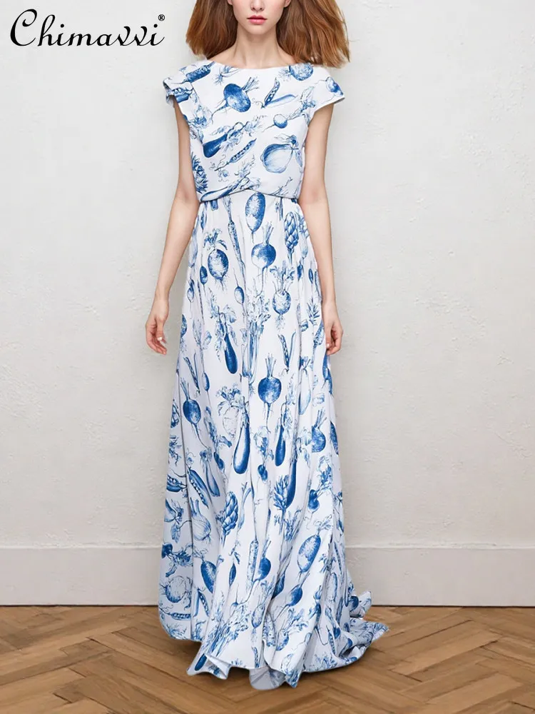 

High-end Blue and White Vegetable Print Dress New Spring Summer Fashion Luxurious Round Neck High-waisted Elegant Long Dress