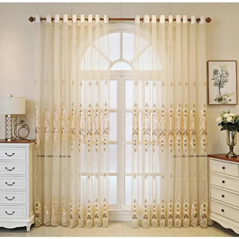 European High-end Atmospheric Beige Embroidery Four Seasons Gauze Curtains Living Room Bedroom Balcony Curtains