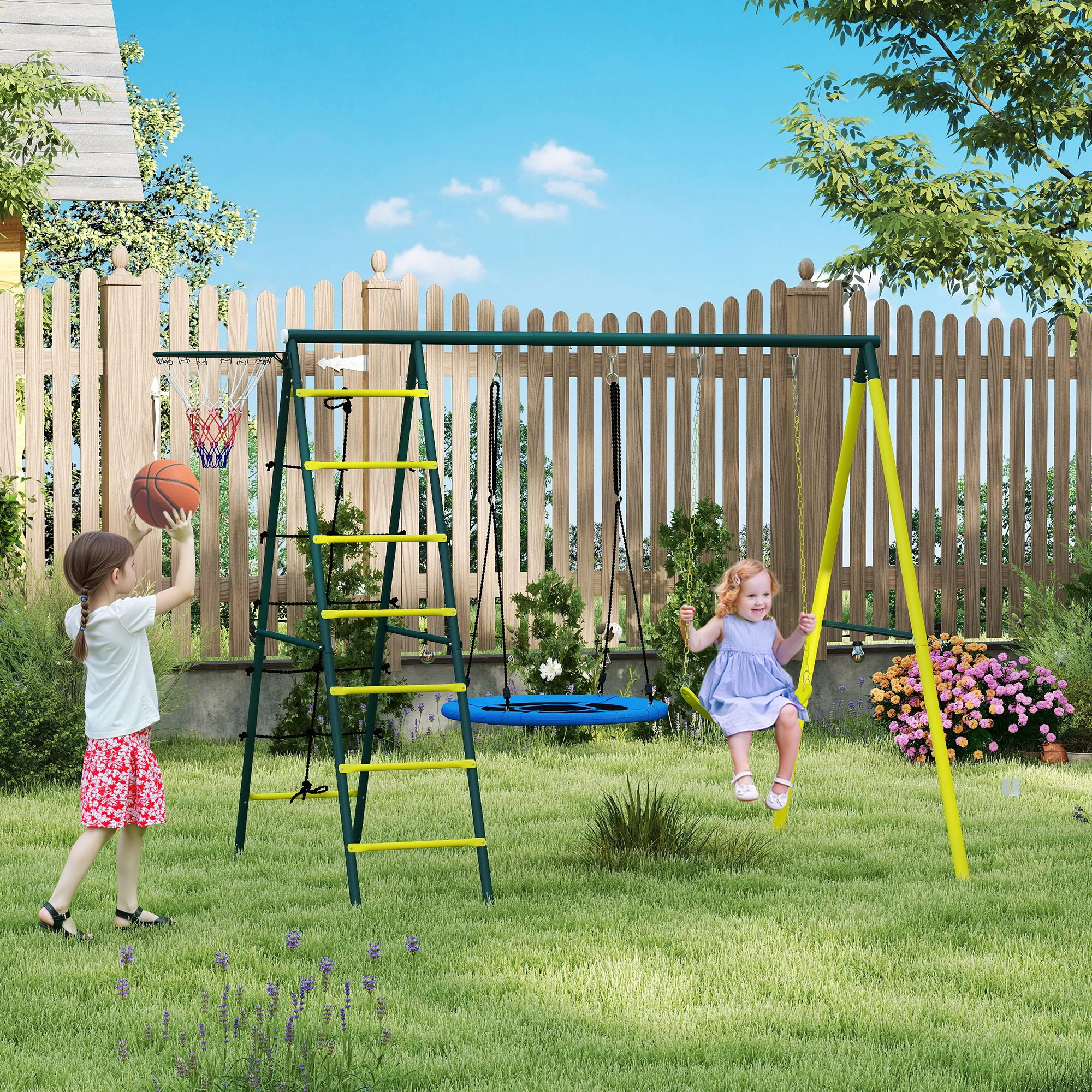 Outsunny Set Altalene da Giardino per Bambini con Scaletta, Giochi da Esterno per Bambini 3-8 Anni con Altalena Rotonda e Classica, Scale e Canestro