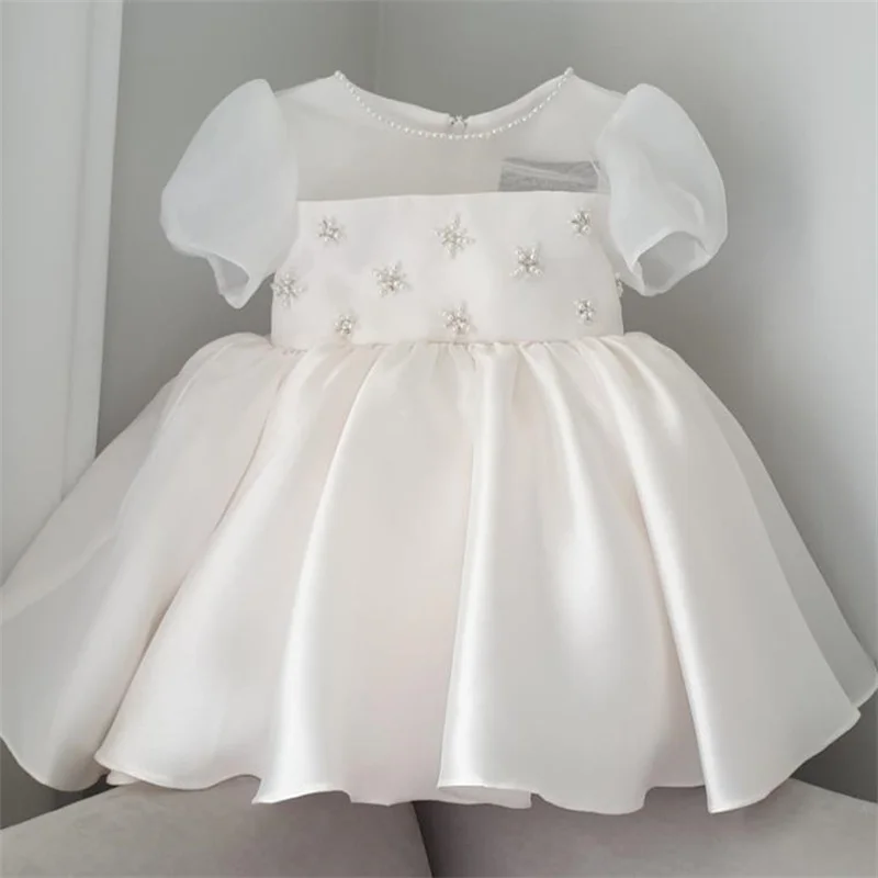 

Kids Fashion White Party Casual Dress Pearl Short Sleeve Girls Dress