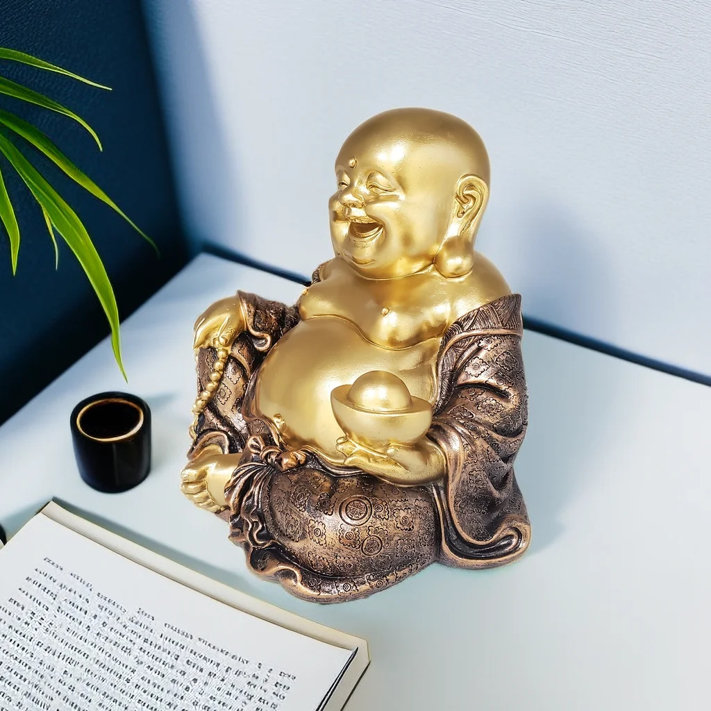 Wohnzimmer, Veranda, Dekoration, glückliche und glückliche lächelnde Buddha-Statue, Zen-Garten, neue Heimdekoration, Kunsthandwerk aus Kunstharz, Buddha