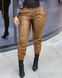 Women's Pants 2023 Spring Fashion Pu Leather Drawstring Pocket Design Skinny Plain Casual Daily Long Pants Y2K Streetwear