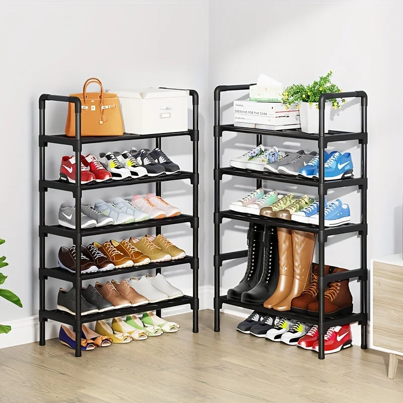 Narrow Stackable 5 Tier Minimalist Shoe Rack Space Saving Design for Entryway Closet Bedroom Floor Adult Daily Shoe Organizer
