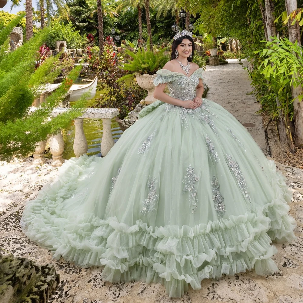 EVLAST Customized Mexican Sage Quinceanera Dress Ball Gown Lace Applique Beads Ruffles Tiered Sweet 16 Vestido De 15 Anos E3Q256