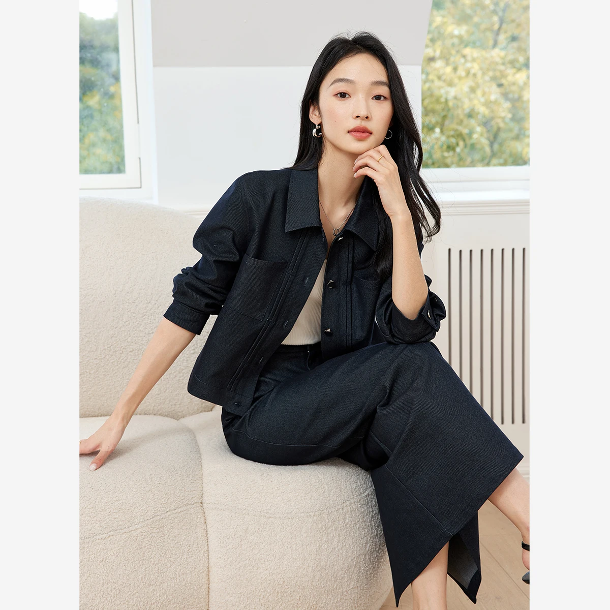 VIMLY Women\'s Vintage Elegant Denim Skirt Set Autumn Long Sleeve Lapel Denim Coat+Split A-line Skirt Office Lady Denim Suits