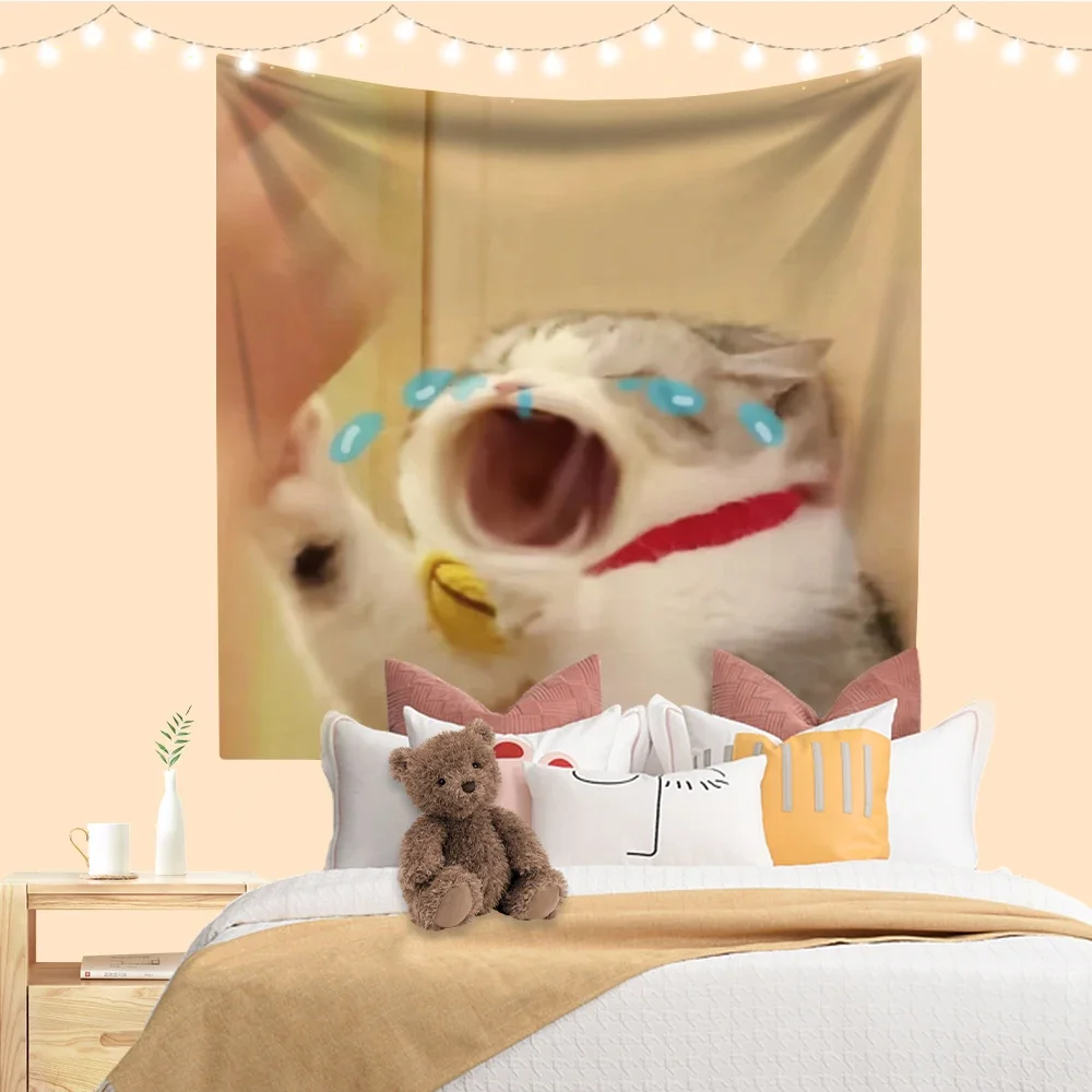 Tapestry Cute Cat Meme Printed Funny Animal Bedroom Dorm Decoration Wall Hanging Sofa Blanket Room Decor Aesthetic Kawaii Room