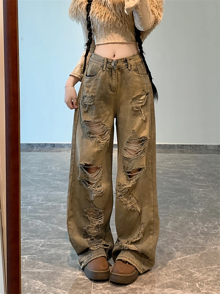 

Женские джинсы унисекс с нерегулярным дизайном и несколькими отверстиями, крутая уличная одежда с высокой талией для девочек, модные брюки, женские винтажные джинсовые брюки