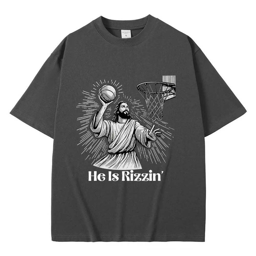 Funny Baskerball Jesus Meme T Shirt He Is Rizzin Christian Easter T-shirt Men Casual 100% Cotton Oversized Tee Shirt Streetwear