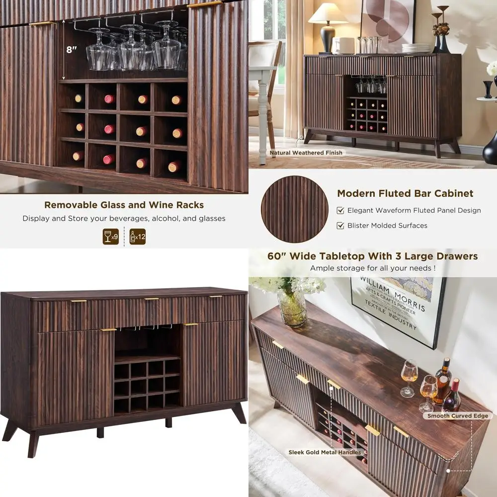 

60 Walnut Sideboard with 3 Drawers, 2 Doors, Wine & Coffee Bar, Glass Racks for Kitchen or Dining Room