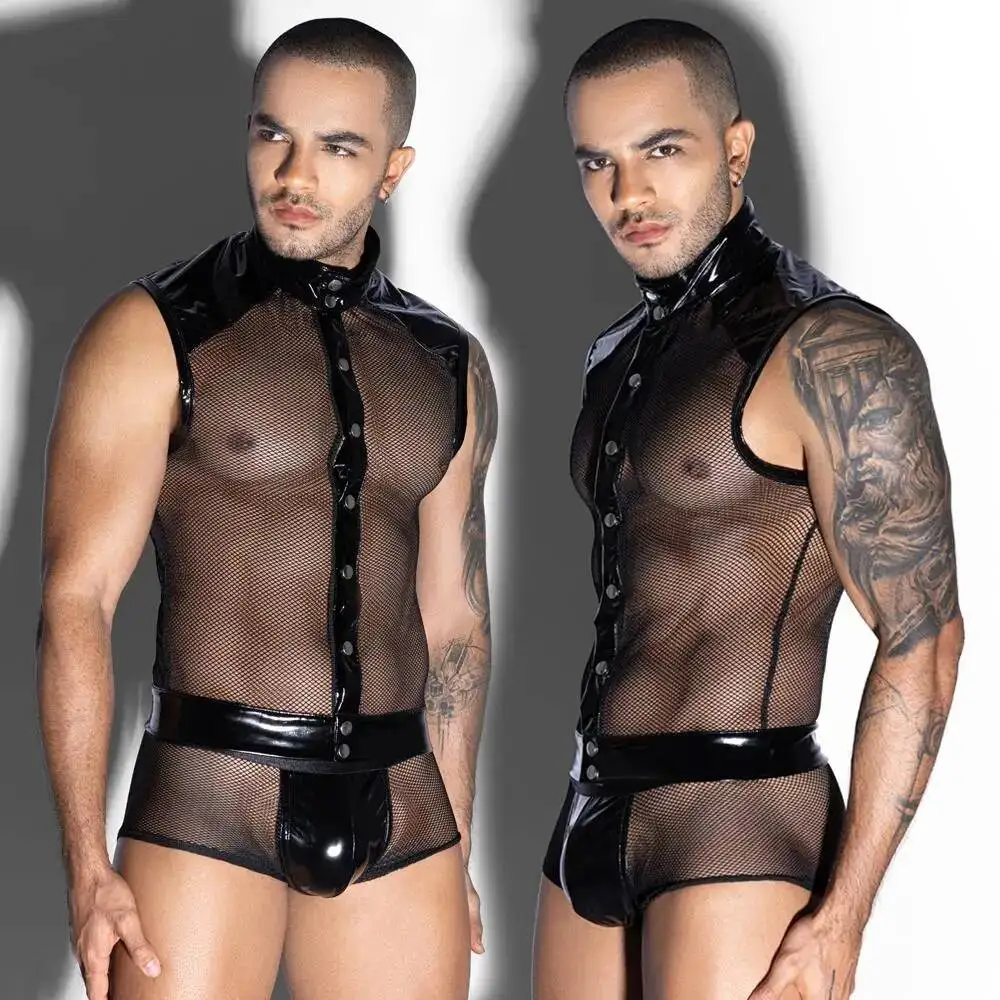 Men's Sexy Mesh See-through Lingerie Underwear Male Hormone PU Costumes Night Club Party Gay Outfit KAB4 view 3