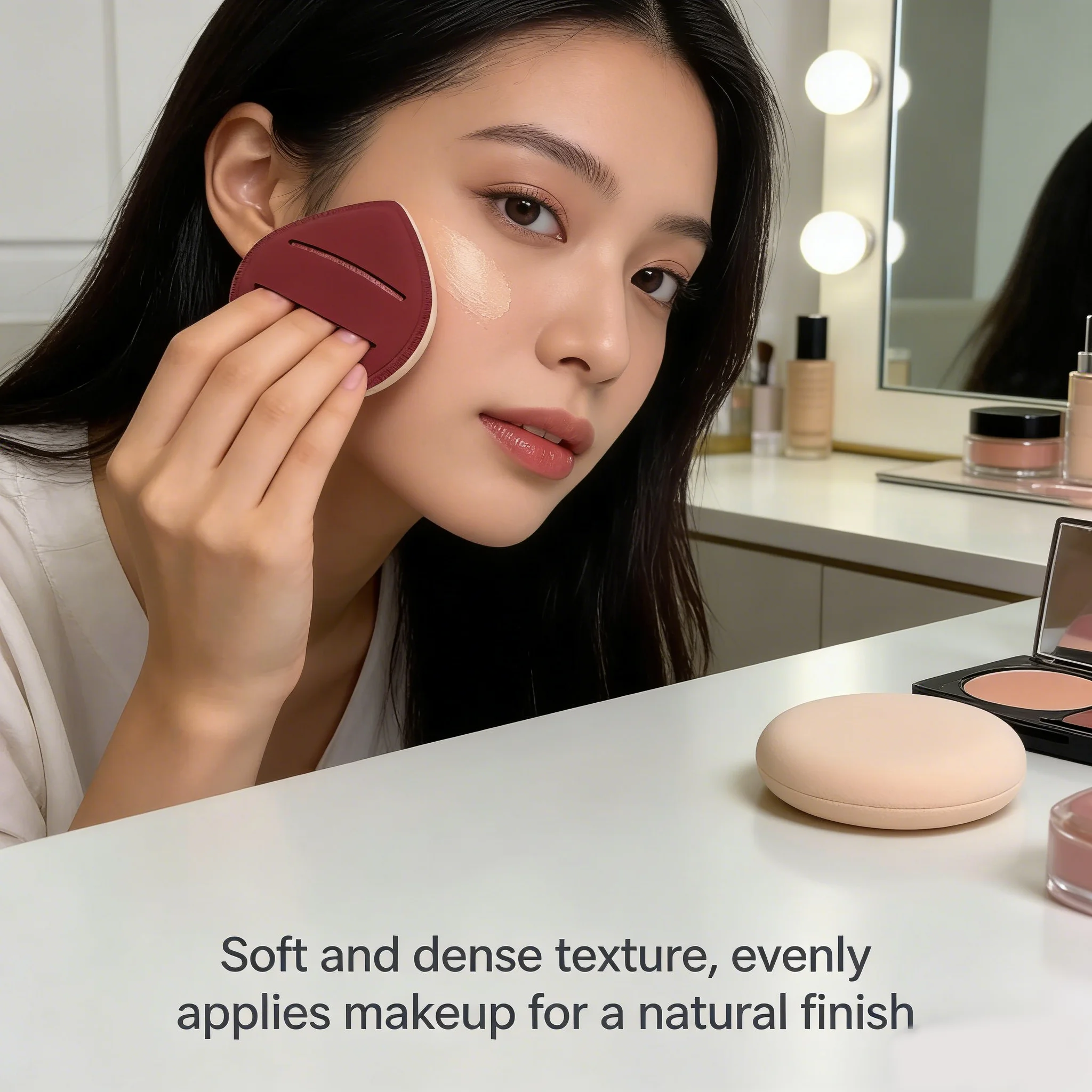 1 pieza de una esponja para maquillaje, con forma de gota para adaptarse a los contornos del rostro. No absorbe polvo ni deja marcas.