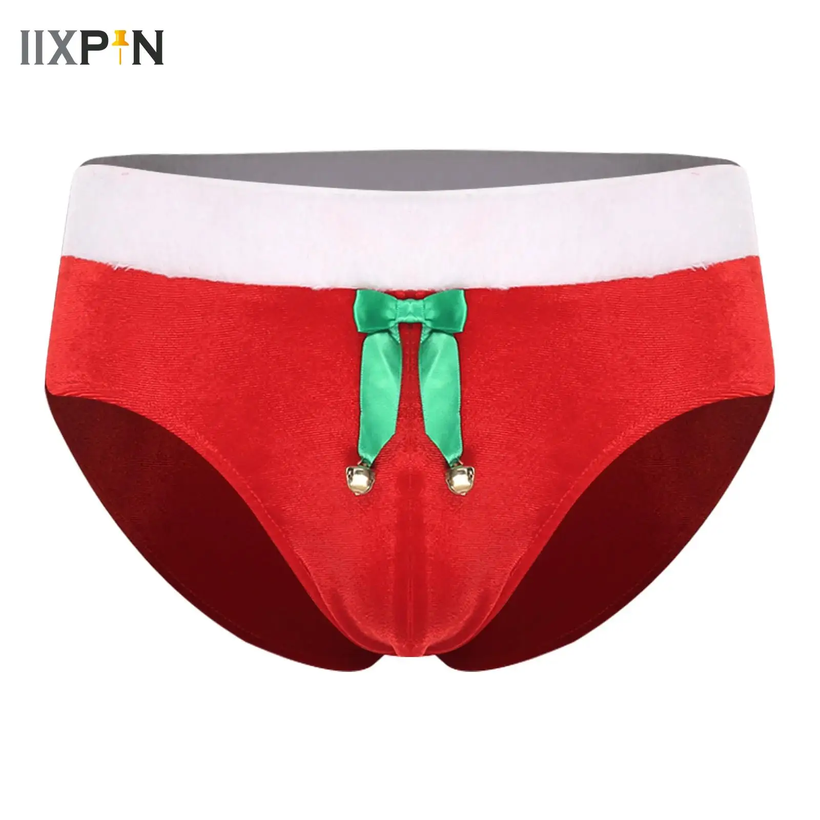 

Mens Christmas Velvet Underwear Plush Waistband Bulge Pouch with Bow Bells Decor Briefs Lingerie for Xmas Night Dress-up Party