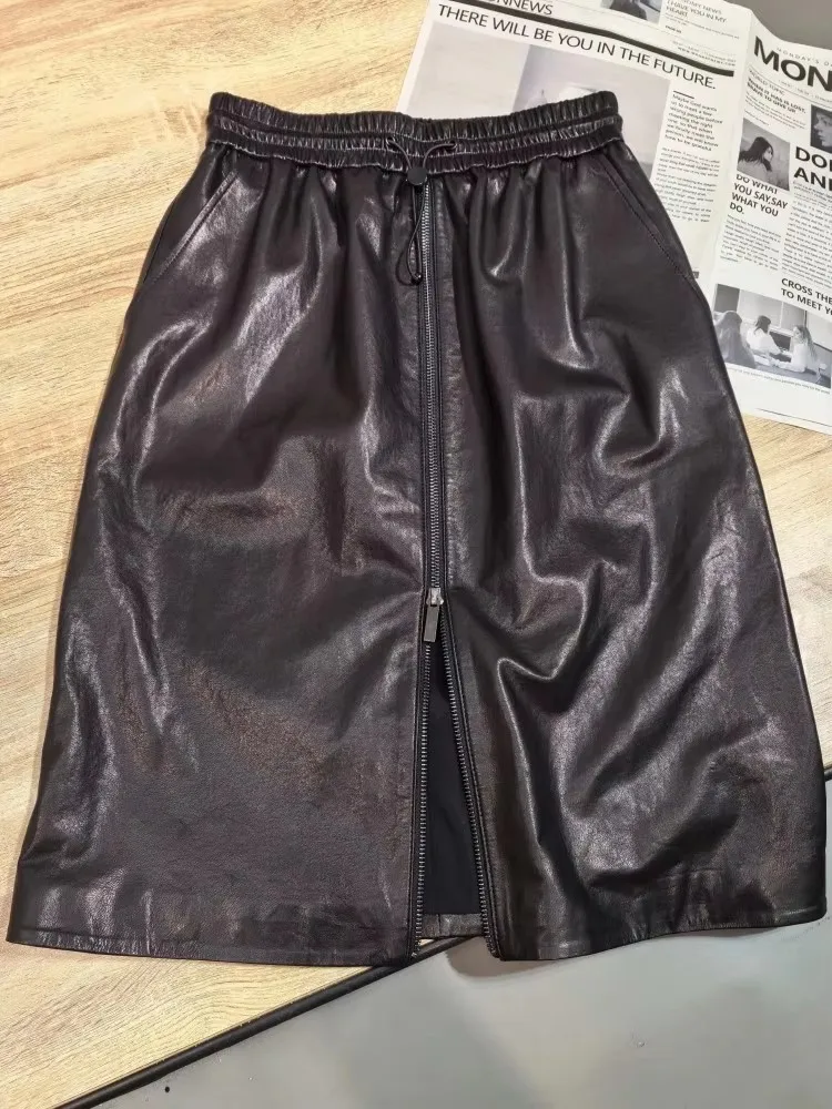 Damen Büro-Mode Elastische Taille Einfarbiger Reißverschluss-Taschen Echtleder-Rock Loser Schafsleder Knielanger Handgefertigter Rock