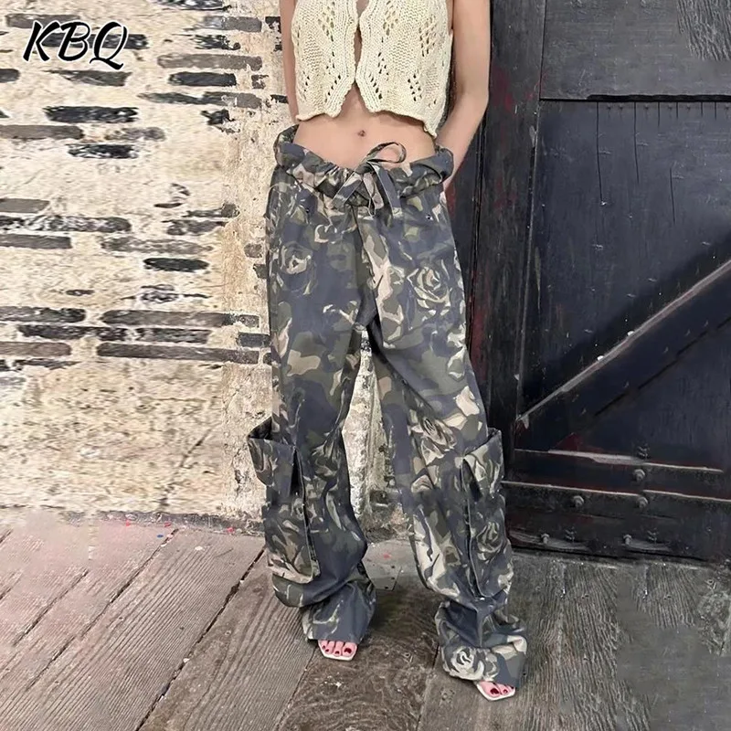 

KBQ Camouflage Pants For Women High Waist Spliced Drawstring Streetwear Hit Colour Loose Cargo Pant Female Spring Clothes Style