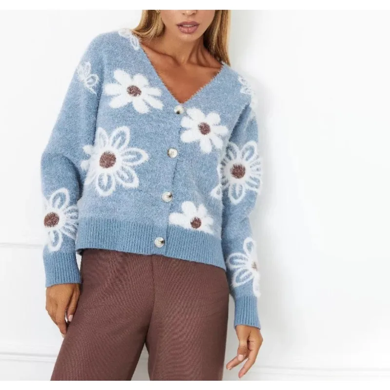 

Short Floral Knitted Cardigan, New Autumn Style V - Neck Mink Cashmere Jacquard Sweater Women's Outerwear