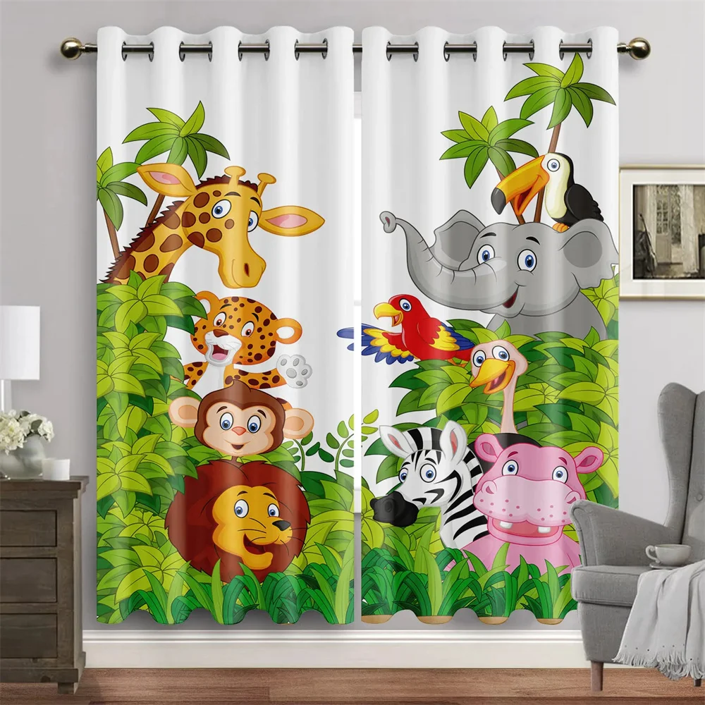 2 pcs Cartoon Animals Safari Jungle Forest Window Curtains For Living Room Kids Bedroom Kicthen Study Kindergarten Home Decor