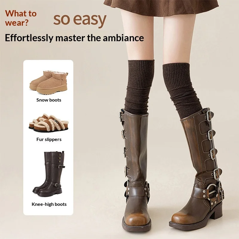 Knee High Socks Brown Wool Winter Warm Thermal Long Tube Anti Slip Knee Protection Leg Slimming Versatile Elongate Leg Autumn
