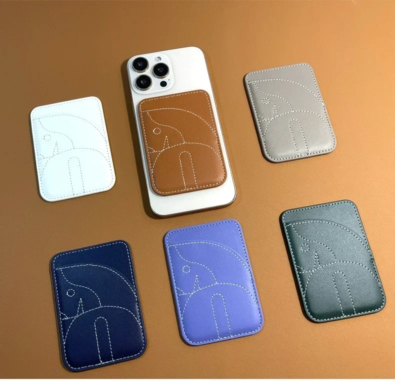 Ultracienkie etui na telefon z magnetycznym uchwytem na karty, żółta skóra naturalna, haftowane, kompatybilne z iPhone 17/16/15/14/13/12/Plus/Promax — zdjęcie produktu 6
