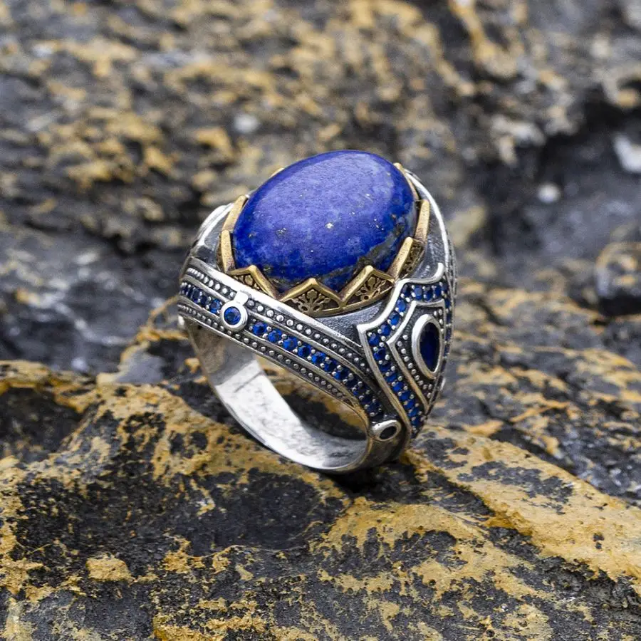 

Wholesale 925 Sterling Silver Ring Men Blue Natural Blue Lapis Lazuli Stone Handmade Statement Vintage Turkish Wedding Ring