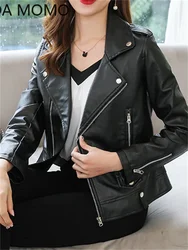 Women Autumn Solid Colors Cool Faux Leather Jacket Long Sleeve Zipper Turn-down Collar Motorcycle Biker Short Coat Outerwear