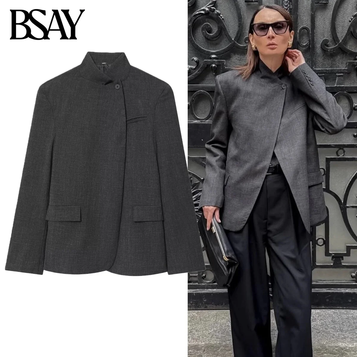 

BSAY Blazers for Women Fashion Autumn Winter New Long Sleeve Single Buckle Stand Collar Suits Jacket Chic Female Suit Coat