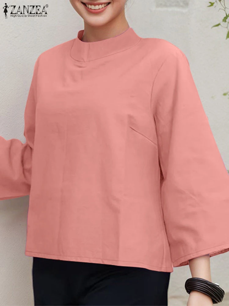 

2025 Women Elegant Stand Neck Long Sleeve Tops ZANZEA Autumn Blouse Casual Solid OL Work Shirt Blusas Tunic Mujer Femme Oversize