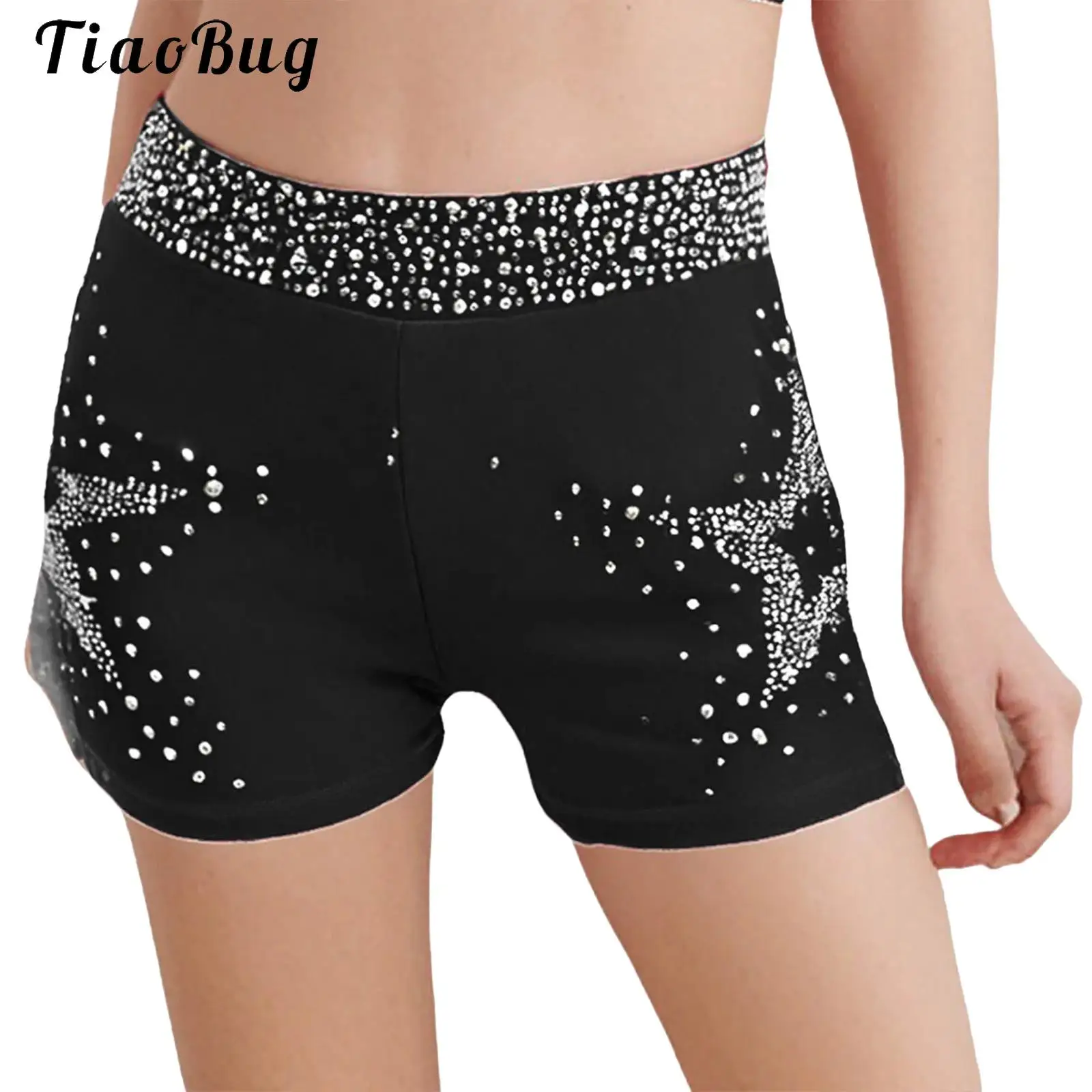 

Shiny Rhinestones Kids Girl Dance Shorts Elastic Waistband Figure Skating Gymnastics Modern Dance Shorts Performance Costume