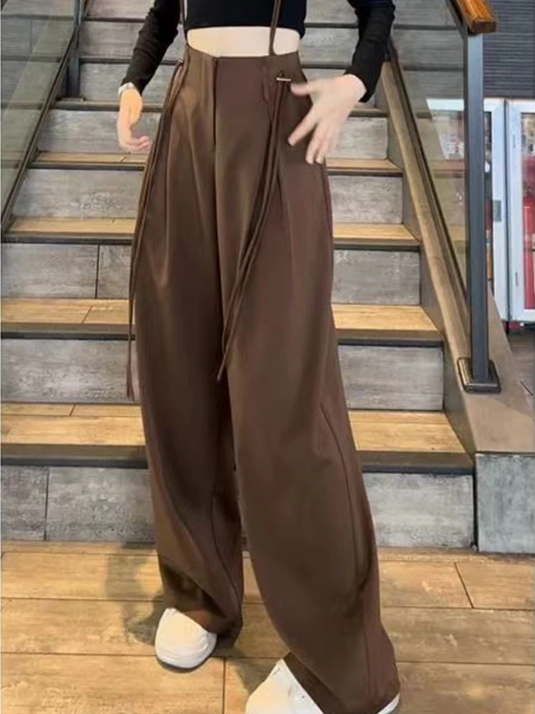 Elastic Waist Wide Leg Pants Women Leisure Loose Solid Simple Lace-up Design Streetwear Students All-match Basic Autumn Trousers
