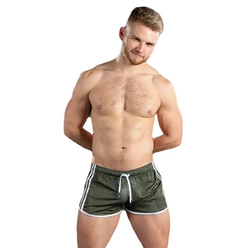 Pantalones cortos de entrepierna abierta para hombre, bragas de gimnasio Sexy, tablero de malla sin entrepierna, Gay, doble cremallera,