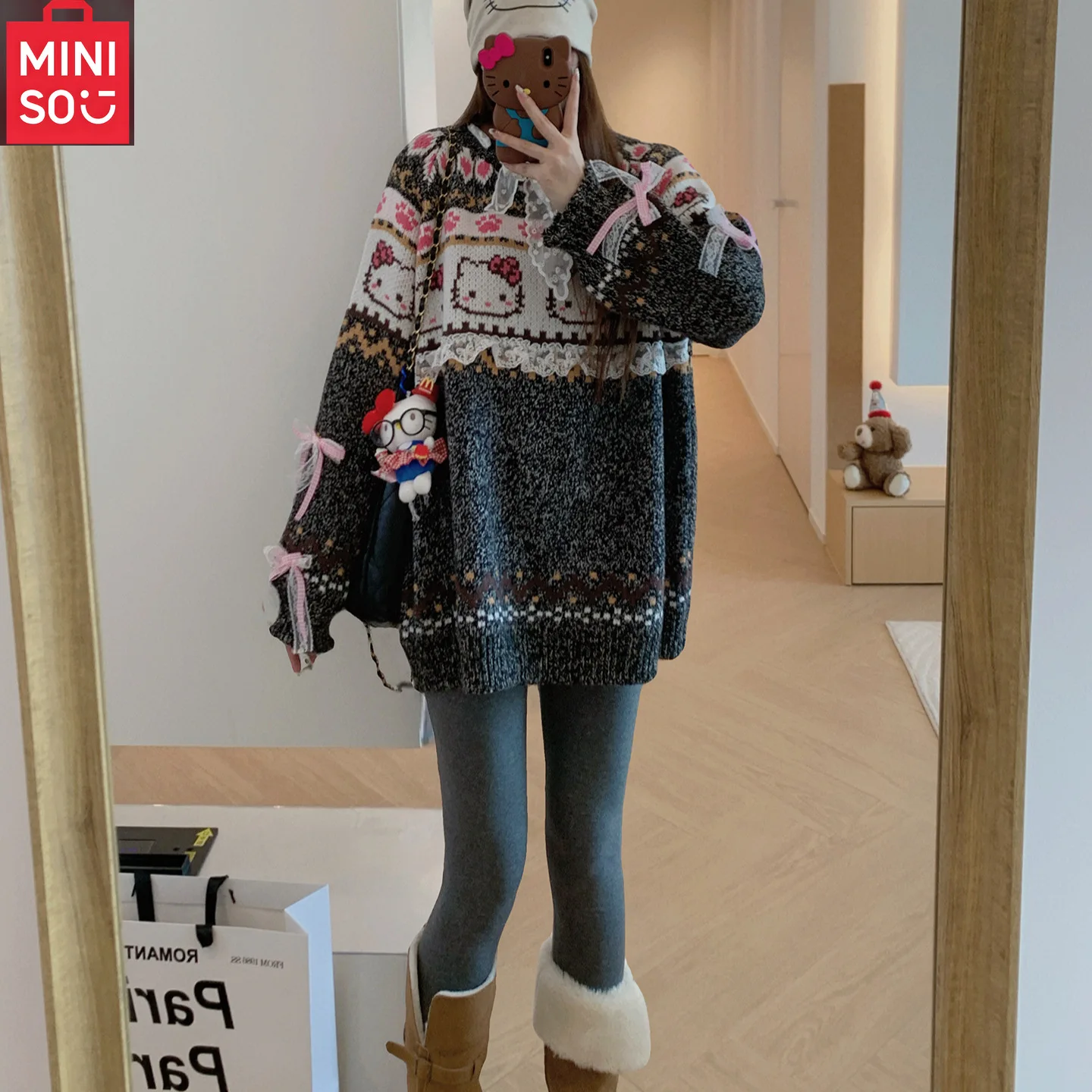 MINISO Hello Kitty pull à capuche brodé femmes nouvelle édition coréenne manteau tricoté en dentelle ample épais