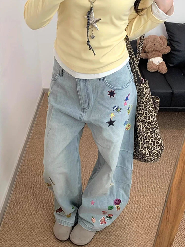 

Женские синие джинсы с высокой талией, винтажный дизайн, прямые мешковатые джинсовые брюки в стиле хип-хоп, уличные широкие джинсовые брюки Y2K в американском стиле