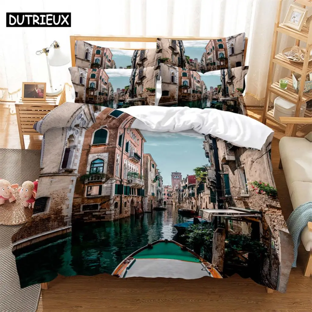 Set Sprei Motif Kehidupan Kota Kecil 2/3pcs Cetak Digital 3D Set Sarung Selimut 1 Sarung Selimut + 1/2 Sarung Bantal Ukuran US/EU/AU